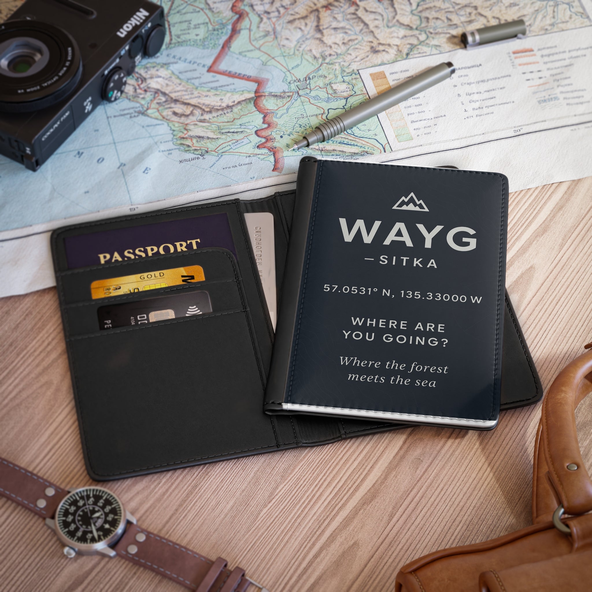 WAYG Collection- Sitka Alaska- Adventure Passport Cover - Black Leather Holder