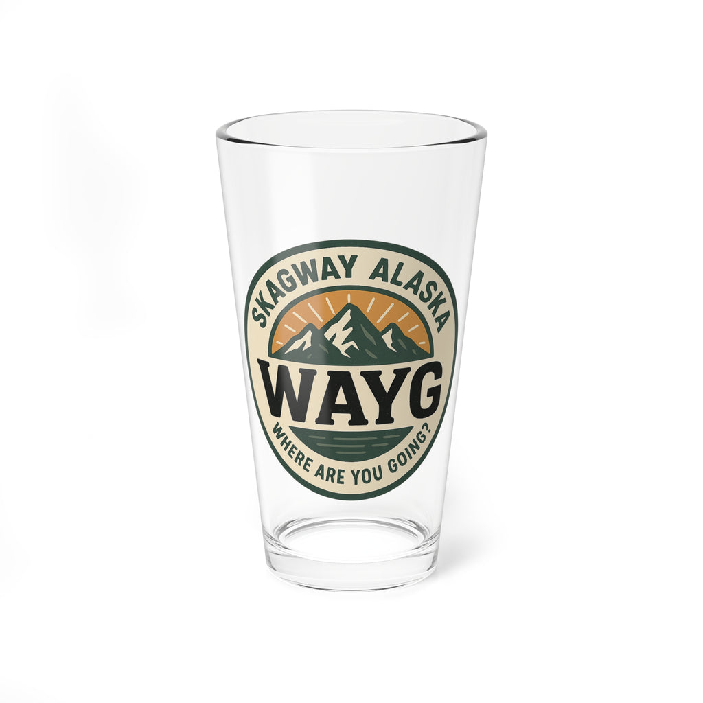 Skagway Alaska WAYG 16oz Mixing Glass – Retro Mountain Logo Pint Glass