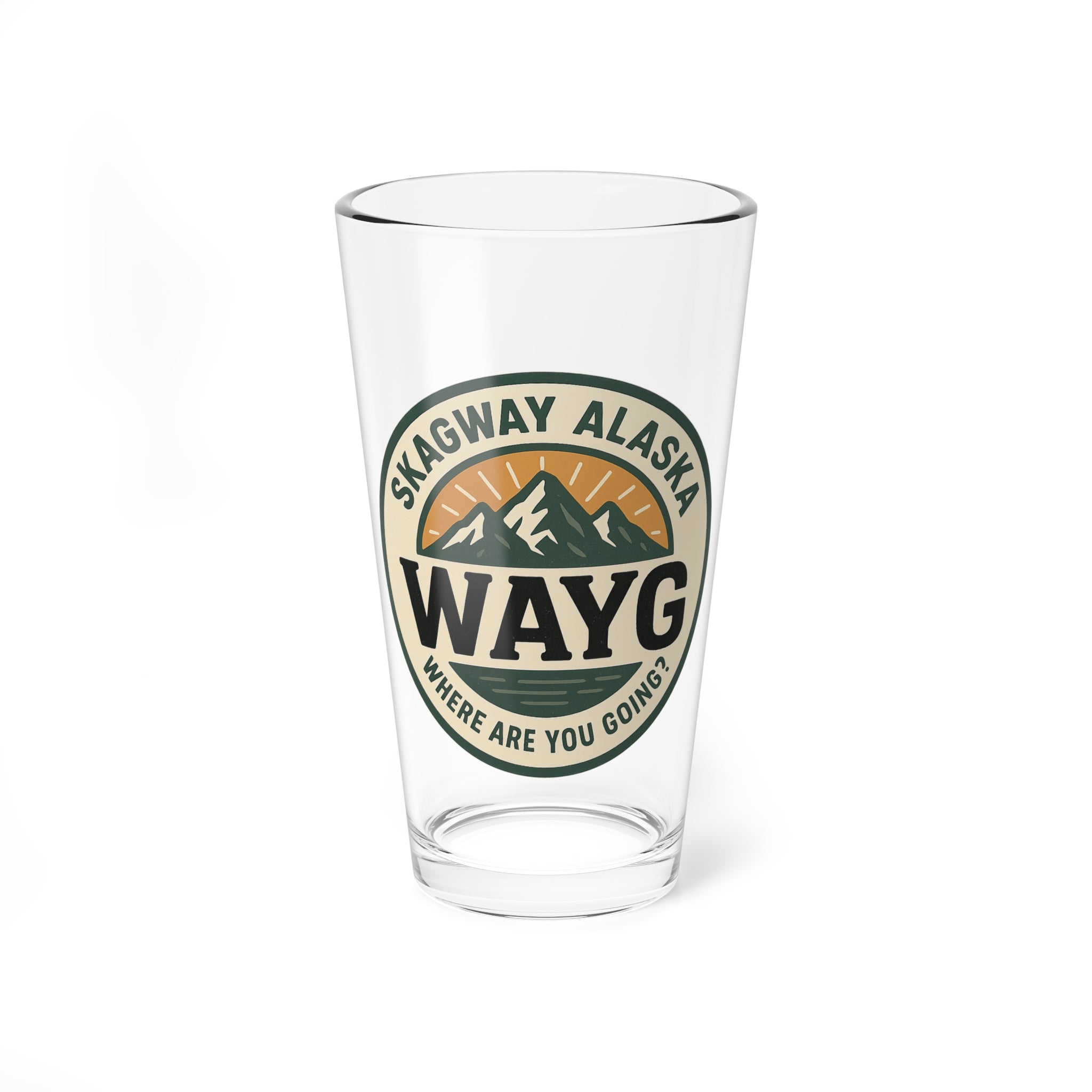 Skagway Alaska WAYG 16oz Mixing Glass – Retro Mountain Logo Pint Glass