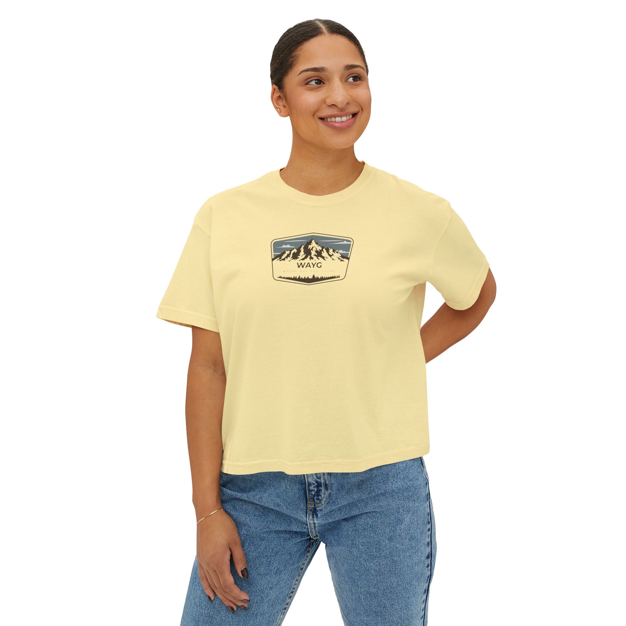 Women's Boxy Tee — Vintage Mountain Patch Tee (NAVC)