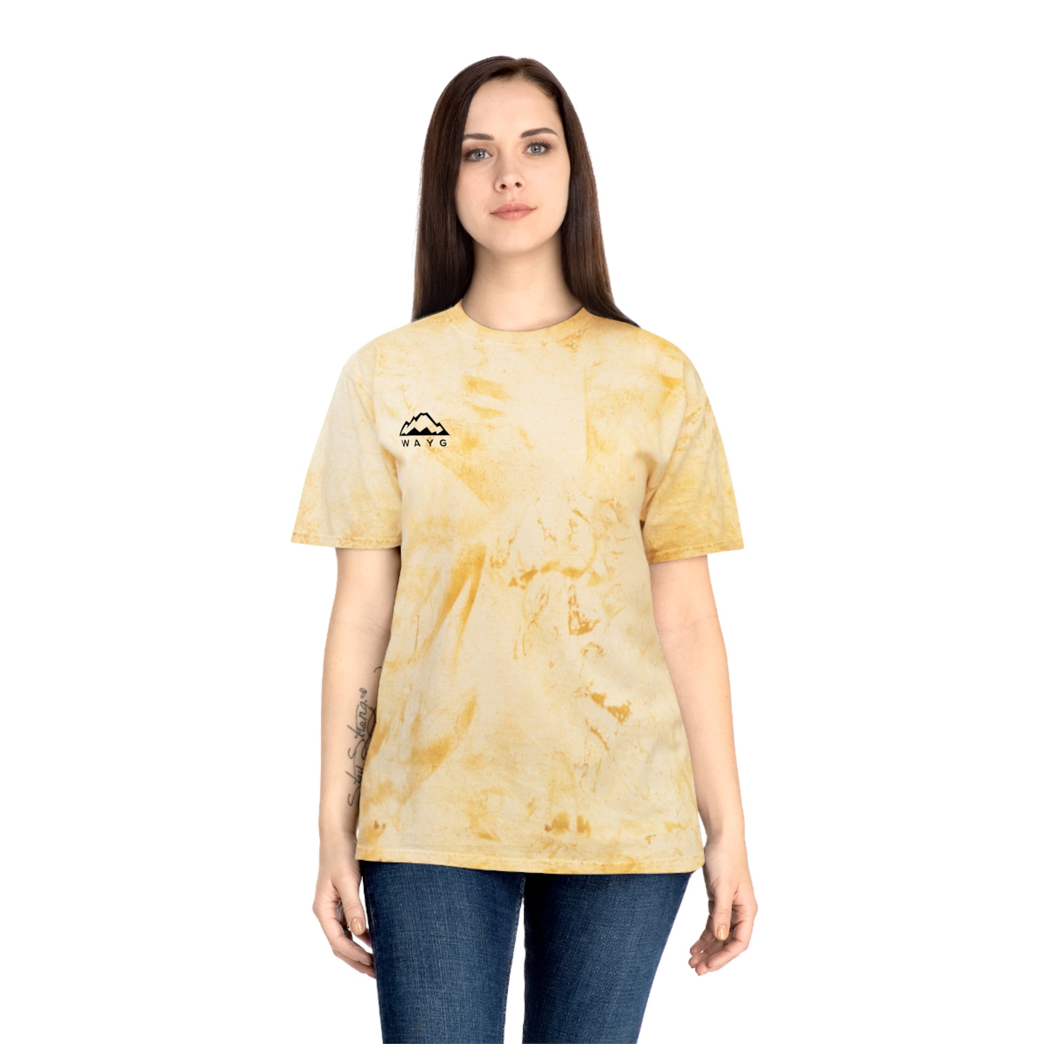 Golden Tie-Dye Tee — Minimal 'WAVE' Mountain Logo