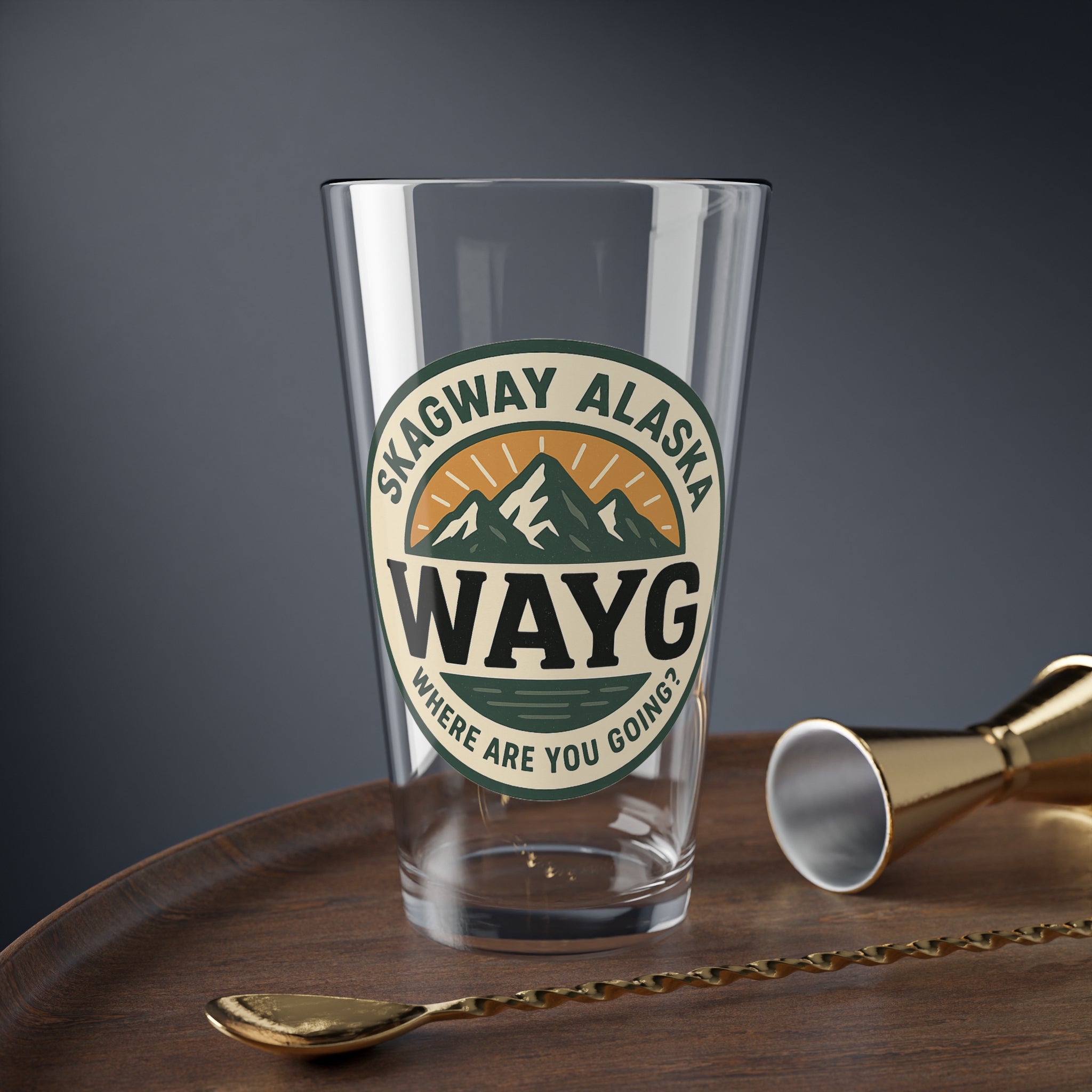 Skagway Alaska WAYG 16oz Mixing Glass – Retro Mountain Logo Pint Glass